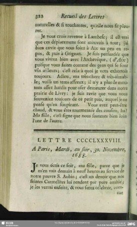 Lettre CCCCLXXXVIII. A Paris, Mardi, au soir, 30. Novembre, 1688
