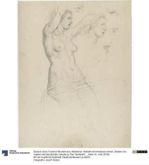 Weiblicher Halbakt mit erhobenen Armen, Skizzen des Kopfes und des Mundes (Studie zu "Der Tod Abels")