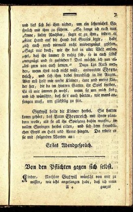 Erstes Abendgespräch. Von den Pflichten gegen sich selbst.