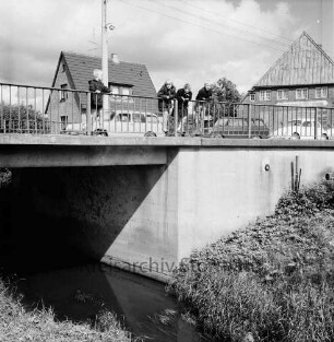 Zarpen: Amtsfeuerwehrfest des Amtes Zarpen: Zuschauer auf Brücke über Heilsau: im Hintergrund parkende Pkws und Bauernhäuser