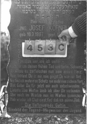 Grabstein 453 (Index: 99786441) Maße HxBxT: 169x62x29 cm Symbolik: Davidstern Besonderheit: kulturhistorisch wertvoll / hist.-wiss. Gründe (Gemeindestellung): Grabstein 453C