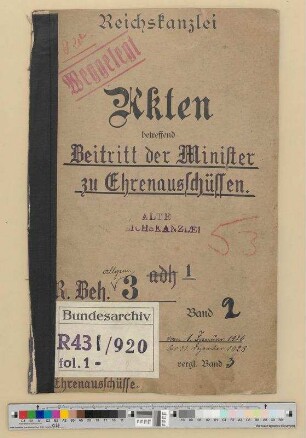 Beitritt von Reichsministern zu Ehrenausschüssen und Schirmherrschaften: Bd. 2