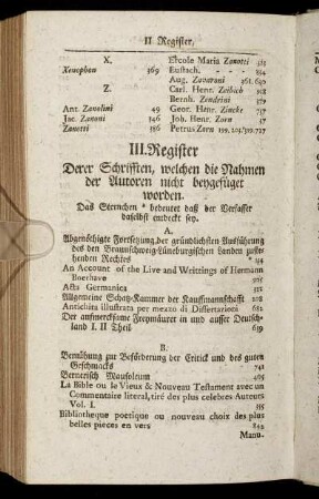 III. Register Derer Schrifften, welchen die Nahmen der Autoren nicht beygefüget worden.