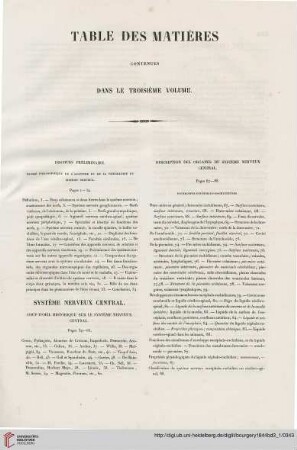 Table des matières contenues dans le troisième volume