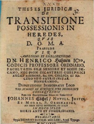 Theses Juridicae De Transitione Possessionis In Heredes