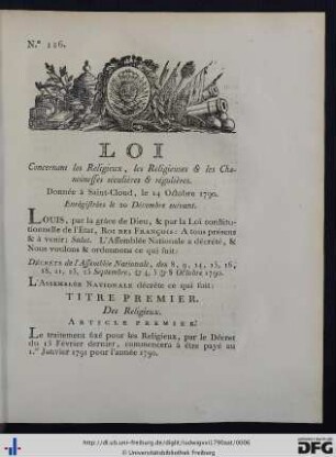 Loi Concernant les Religieux, les Religieuses & les Chanoinesses séculières & régulières.