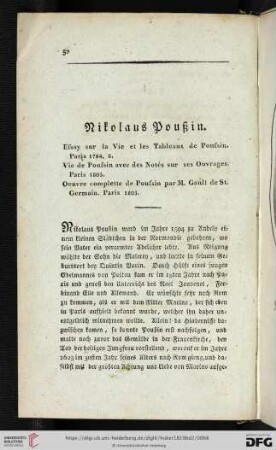 Nikolaus Poußin, Essay sur la Vie et les Tableaux de Poussin. Vie de Poussin avec de Notés sur ses Ouvrages, Paris 1803, Oeuvre complette de Poussin par M. Cault de St. Germain. Paris 1803