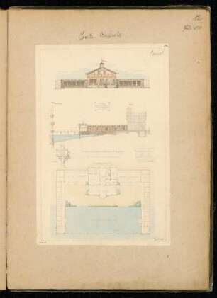 Flussbadeanstalt Monatskonkurrenz Juli 1850: Grundriss, Aufriss vom Wasser aus, Längsschnitt, Detail: Sprunggerüst; Maßstabsleiste
