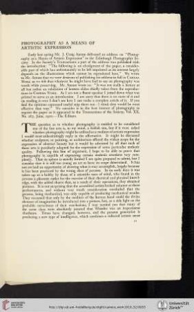 Photography as a Means of Artistic Expression [reprint from the Transactions of the Edinburgh Photographic Society, Vol. XX, No. 267, June, 1910, with an introduction by the editors]