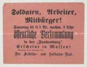 Handzettel mit der Einladung zu einer Massenversammlung am 9. November 1918 in Merseburg