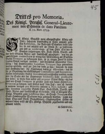 Drittes pro Memoria, Des Königl. Preußis. General-Lieutenant von Schwerin de dato Parchim d. 10. Nov. 1733.