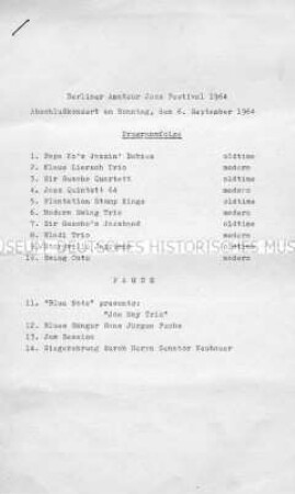 Hektografiertes Programm des Abschlusskonzerts des Berliner Amateur-Jazz- Festivals 1964, mit beiliegender Pressemitteilung