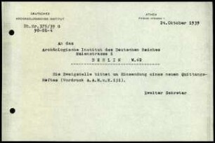 Schreiben (Abschrift); DAI Athen an AIDR (Quittungsheft)