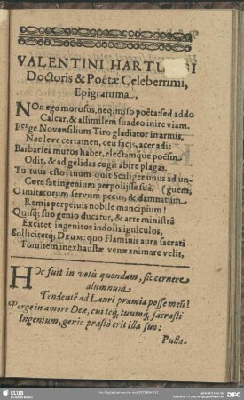 Valentini Hartungi Doctoris & Poetae Celeberrimi Epigramma