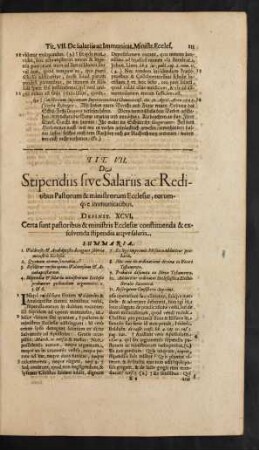 Tit. VII. De Stipendiis sive Salariis ac Reditibus Pastorum & ministrorum Ecclesiae, eorumque immunitatibus.