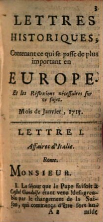 Lettres historiques, contenant ce qui se passe de plus important en Europe, et les réflexions nécessaires sur ce sujet. 47. 1715