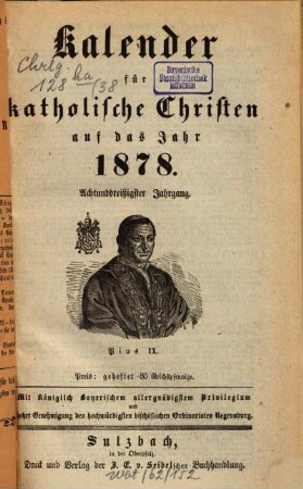 Kalender für katholische Christen : auf d. Jahr ... 38. 1878