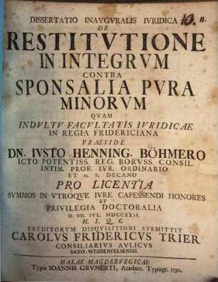 Diss. inaug. iur. de restitutione in integrum contra sponsalia pura minorum