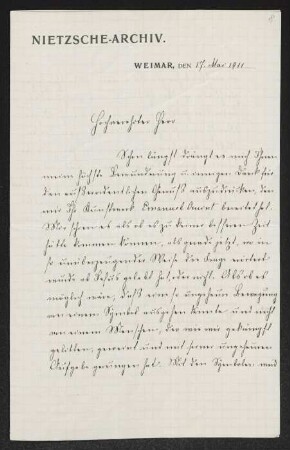 Brief von Elisabeth Förster-Nietzsche von Nietzsche-Archiv  an Gerhart Hauptmann