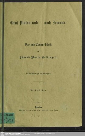 Graf Platen und- noch Jemand : Pro- und Contra-Schrift