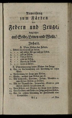 Inhalt. [zur Anweisung zum Färben der Federn und Zeuge...]