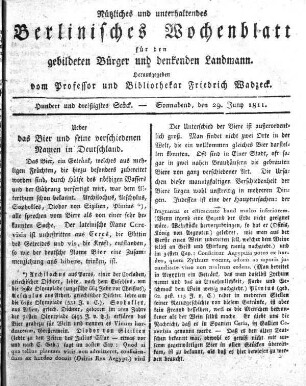 Hundert und dreißigtes Stueck, Sonnabend, den 29. Juny 1811.
