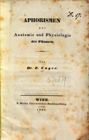 Aphorismen zur Anatomie und Physiologie der Pflanzen