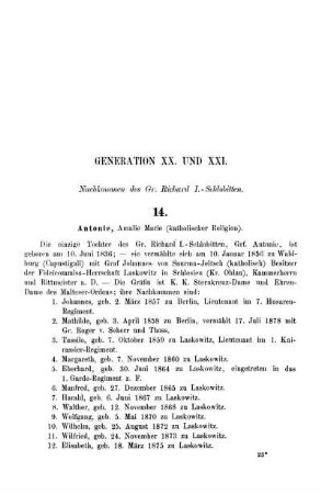 Generation XX. und XXI. Nachkommen des Gr. Richard I.-Schlobitten