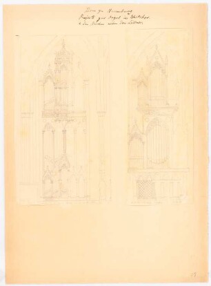 Orgel für den Dom, Naumburg/Saale: Zwei Orgelteilprospekte im Westchor in den Nischen neben dem Lettner, Entwürfe mit Gesprenge, Maßstabsleiste