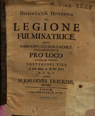 Dissertatio Historica De Legione Fulminatrice