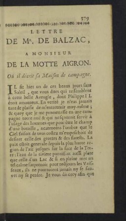 Lettre de Mr. de Balzac, a Monsieur de la Motte Aigron.