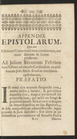 Appendix Epistolarum, Qua aut Editione Cracoviensi non continentur, aut nunc demum in lucem prodeunt.