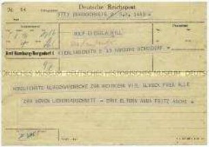 Telegramm der Eltern von Gisela Hill mit Glückwünschen zur Heimkehr aus der Kriegsgefangenschaft - Familienkonvolut