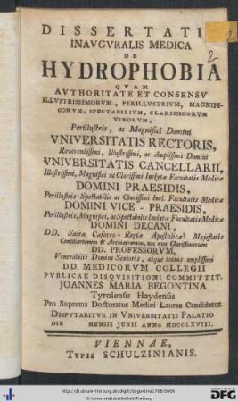 Dissertatio Inavgvralis Medica De Hydrophobia