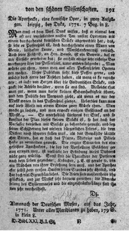 : Die Apotheke, eine komische Oper in zwey Aufzügen.