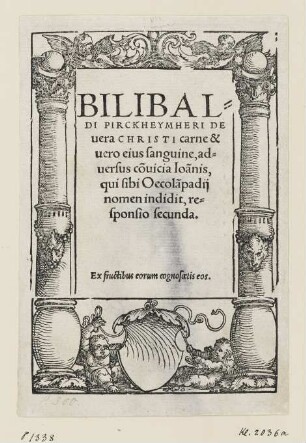 Titelumrahmung mit zwei Genien, aus: Wilibald Pirckheimer, "Bilibaldi Pirckheymheri de vera Christi carne & vero eius sanguine", Nürnberg 1523