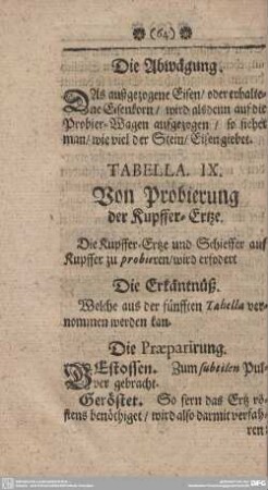 TABELLA IX. Von Probierung der Kupffer-Ertze.