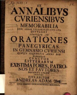 Ex annalibus Curiensibus memorabilia anni aerae vulg. 1716