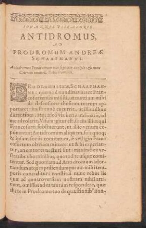 Iohannis Piscatoris Antidromus, Ad Prodromum Andreae Schaafmanni.