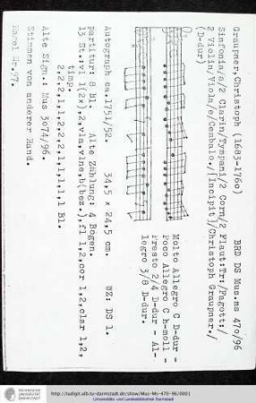 Sinfonia / a / 2 Clarin / Tympani / 2 Corn / 2 Flaut: Tr: / Fagott: / 2 Violin / Viola / e / Cembalo. / [Incipit] / Christoph Graupner.