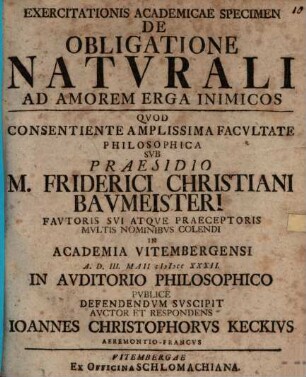 Exercitationis acad. specimen de obligatione naturali ad amorem erga inimicos