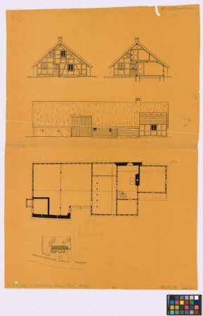 Kalterherberg ([Landkreis Monschau]): Bauernhaus Nr. 158. Haupthaus (Lageplan, Grundriss, Längs-Ansicht, Giebel-Ansicht, Querschnitt)