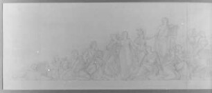 Zweiter Entwurf zum Nordgiebel (linkes Giebelfeld) : Rietschel, Ernst. Nordgiebel des Berliner Opernhauses: "Die Musik zwischen Ballett und Oper". Zweiter Entwurf zum Nordgiebel (linkes Giebelfeld). Bleistift auf cremeweißem Velin; 26,3 x 82,8 cm. November 1843. Privatbesitz. WVZ 285 a