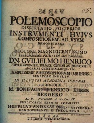 De polemoscopio dissertatio posterior : instrumenti huius compositionem ac usum demonstrans