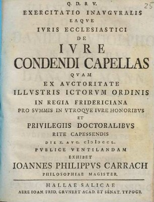 Exercitatio Inavgvralis Eaqve Ivris Ecclesiastici De Ivre Condendi Capellas