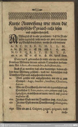 Kurtze Anweisung wie man die Frantzösische Spraach recht lesen und ausprechen soll