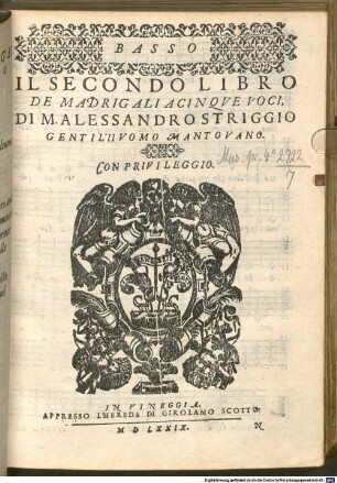 IL SECONDO LIBRO DE MADRIGALI A CINQVE VOCI