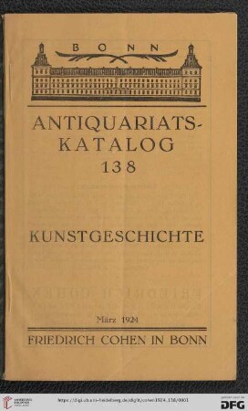 Nr. 138: Antiquariatskatalog / Friedrich Cohen, Buchhandlung und Antiquariat