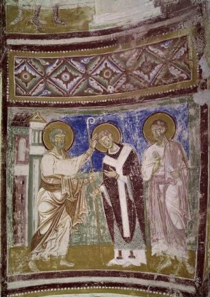 Freskenzyklus mit Szenen aus dem Leben des Heiligen Hermagoras, dem Kreuzigungstod Christi, thronender Madonna und Heiligen — In Rom weiht Petrus in Begleitung von Markus Hermagoras zum Bischof