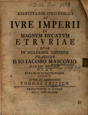 Exercitatio Ivris Pvblici De Ivre Imperii In Magnvm Dvcatvm Etrvriae